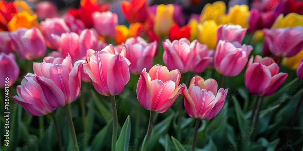 Fototapeta premium Vibrant and gorgeous colorful blooming tulip flowers create a delightful and attractive environment. The detail of the pink petals of these tulip flowers makes for a stunning background.