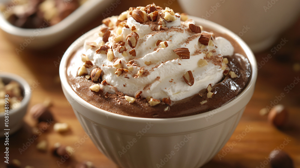 A rich and creamy hot chocolate with hazelnut syrup and topped with whipped cream and chopped nuts. A rich and creamy hot chocolate with hazelnut syrup and topped with whipped cream and chopped nuts.
