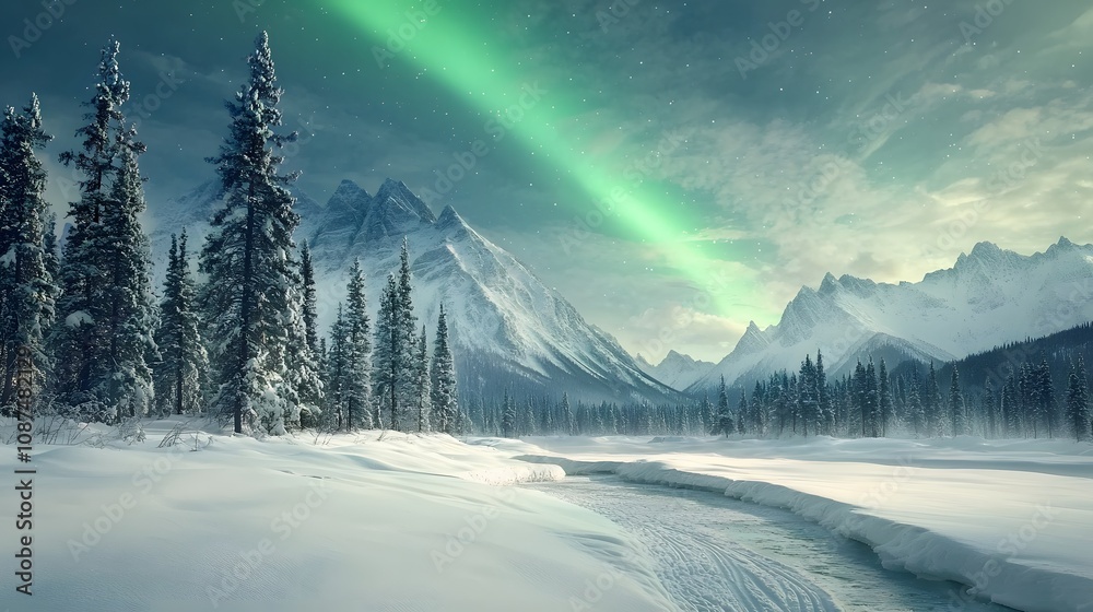 Polar lights over icy mountains and frozen waters. Aurora borealis reflecting in stillness of winter night. Starry skies enhance breathtaking arctic scene Polar lights over icy mountains and frozen waters. Aurora borealis reflecting in stillness of winter night. Starry skies enhance breathtaking arctic scene
