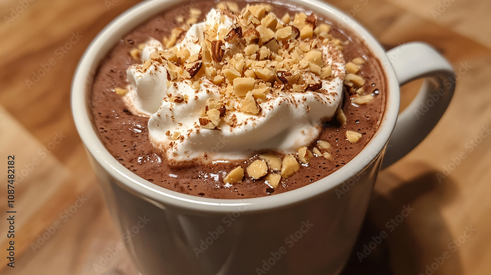 A rich and creamy hot chocolate with hazelnut syrup and topped with whipped cream and chopped nuts. A rich and creamy hot chocolate with hazelnut syrup and topped with whipped cream and chopped nuts.