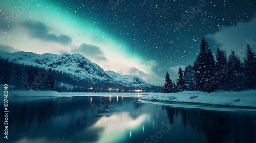 Glowing northern lights arch across snowy mountain range and frozen sea. Reflections shimmer in icy water beneath starlit winter night sky photo