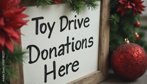 Toy drive donations sign framed in holiday decor with red ornaments and greenery