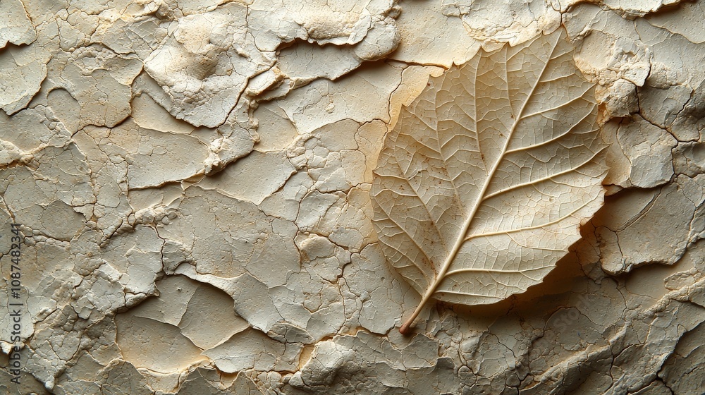 A dried leaf rests on a textured, cracked surface, showcasing natural patterns and colors. A dried leaf rests on a textured, cracked surface, showcasing natural patterns and colors.