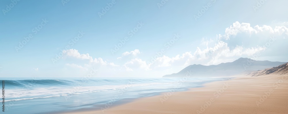 Serene Sandy Beach with Gentle Waves and Clear Blue Sky Perfect for Relaxation and Vacation Getaways Serene Sandy Beach with Gentle Waves and Clear Blue Sky Perfect for Relaxation and Vacation Getaways