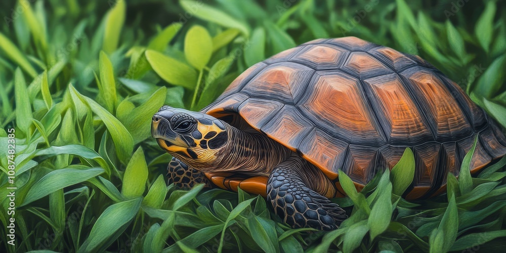Turtle resting in lush green grass, showcasing the serene beauty of nature with the turtle enjoying its peaceful environment amid the vibrant grass. The turtle blends harmoniously in this setting. Turtle resting in lush green grass, showcasing the serene beauty of nature with the turtle enjoying its peaceful environment amid the vibrant grass. The turtle blends harmoniously in this setting.