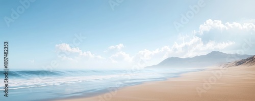 Serene Sandy Beach with Gentle Waves and Clear Blue Sky Perfect for Relaxation and Vacation Getaways