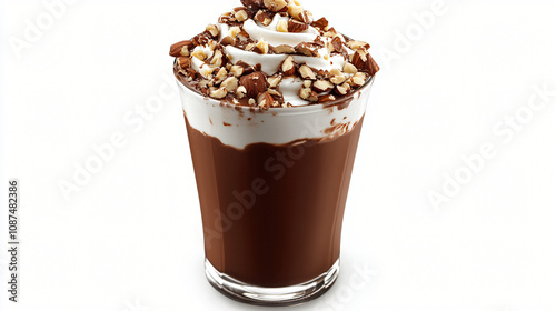 A rich and creamy hot chocolate with hazelnut syrup and topped with whipped cream and chopped nuts.