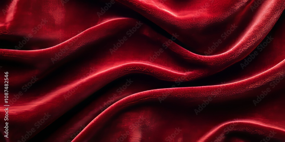 Obraz premium Red velvet fabric texture serves as a stunning background. This red fabric background features soft and smooth textile material, providing ample space for text and creative design elements.