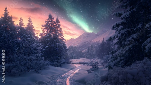 Northern lights sweep across snowy terrain and frozen waters. Aurora borealis reflections shimmer under vast star-filled winter night sky