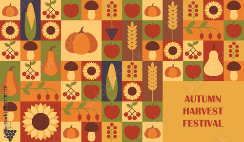 Autumn harvest festival vector horizontal banner with geometric elements including pumpkin, sunflower, rosehip, spikelet, apple, rowan