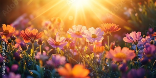 Radiant rising sun illuminating vibrant flowers, creating a breathtaking scene where the rising sun enhances the beauty of the flowers, showcasing nature s stunning colors and light. photo