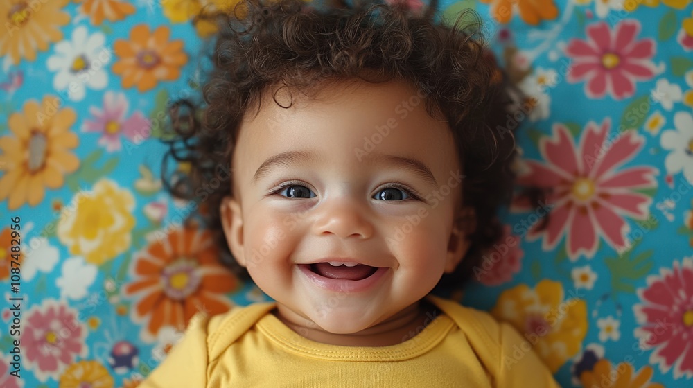 Joyful Baby with Curly Hair Against Vibrant Floral Background Joyful Baby with Curly Hair Against Vibrant Floral Background