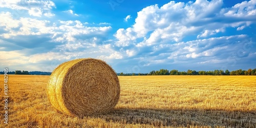 Hay bale in an agricultural field under a vast sky. This rural nature scene showcases straw across the meadow, highlighting the golden harvest of wheat in summer within the countryside landscape. photo