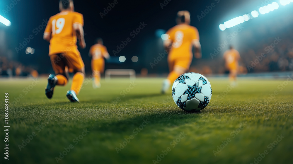 Soccer match under bright stadium lights with players in orange jerseys running on a well-maintained pitch, focused on a soccer ball in the foreground. Soccer match under bright stadium lights with players in orange jerseys running on a well-maintained pitch, focused on a soccer ball in the foreground.