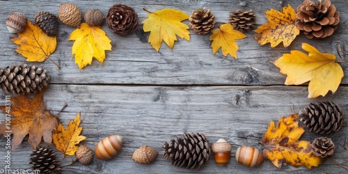 Autumn background featuring yellow and brown fall leaves, along with pinecones and acorns displayed on a rustic, weathered wood panel. This autumn background offers a charming flatlay perspective. photo