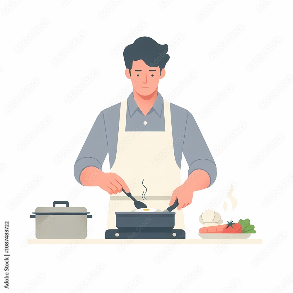 Man Cooking in Kitchen – Flat Illustration on White Background
