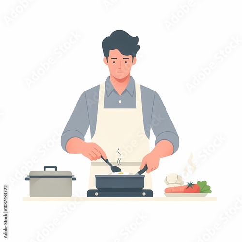 Man Cooking in Kitchen – Flat Illustration on White Background