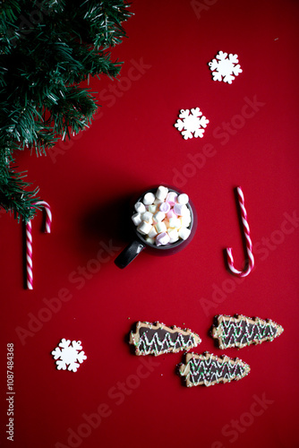 Christmas red background. Various New Year's toys. holiday