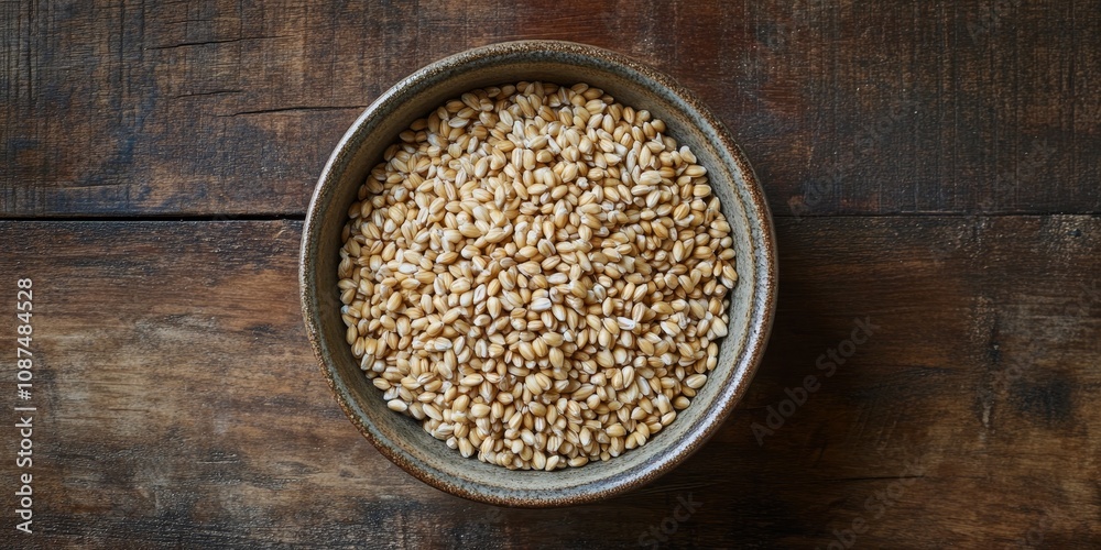 Closeup of raw barley groats arranged in a bowl on a wooden table, showcasing the texture and natural appearance of barley groats in a rustic setting. Closeup of raw barley groats arranged in a bowl on a wooden table, showcasing the texture and natural appearance of barley groats in a rustic setting.