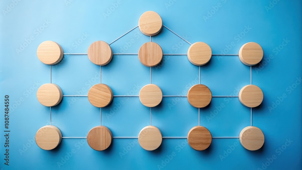 Obraz premium Wooden circles connected by string on a blue background creating an abstract pattern of connection and organization.