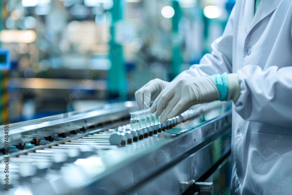 Worker in lab coat and gloves assembling parts on conveyor belt Worker in lab coat and gloves assembling parts on conveyor belt