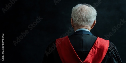 Rear view of an elderly man wearing a graduation gown, showcasing his achievement in education. The graduation gown signifies a significant milestone in the elderly man s life journey. photo