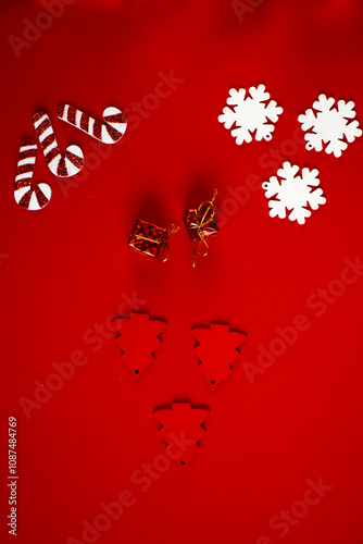 Christmas red background. Various New Year's toys. holiday