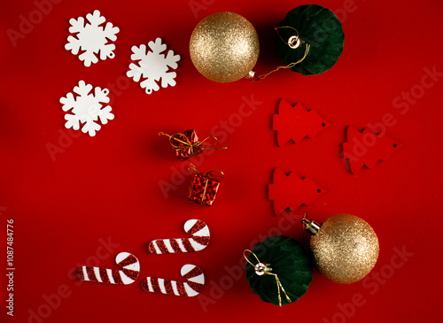 Christmas red background. Various New Year's toys. holiday