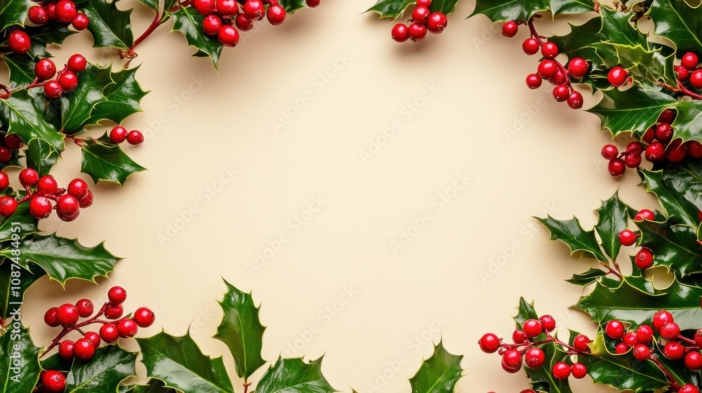 Traditional holly border with red berries and green leaves, framing a cream background. Traditional holly border with red berries and green leaves, framing a cream background.