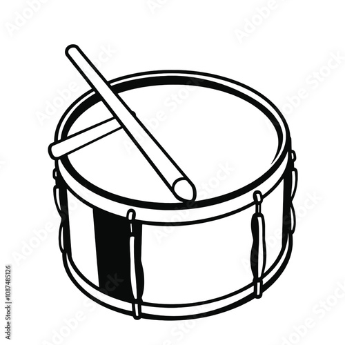 a black and white line drawing of a drum with two drumsticks resting on top of it