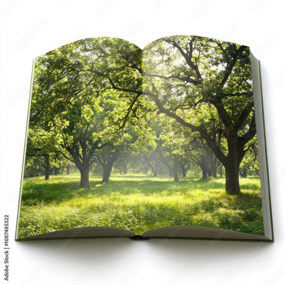 Obraz premium An open book displaying a serene forest scene with lush trees and sunlight filtering through.