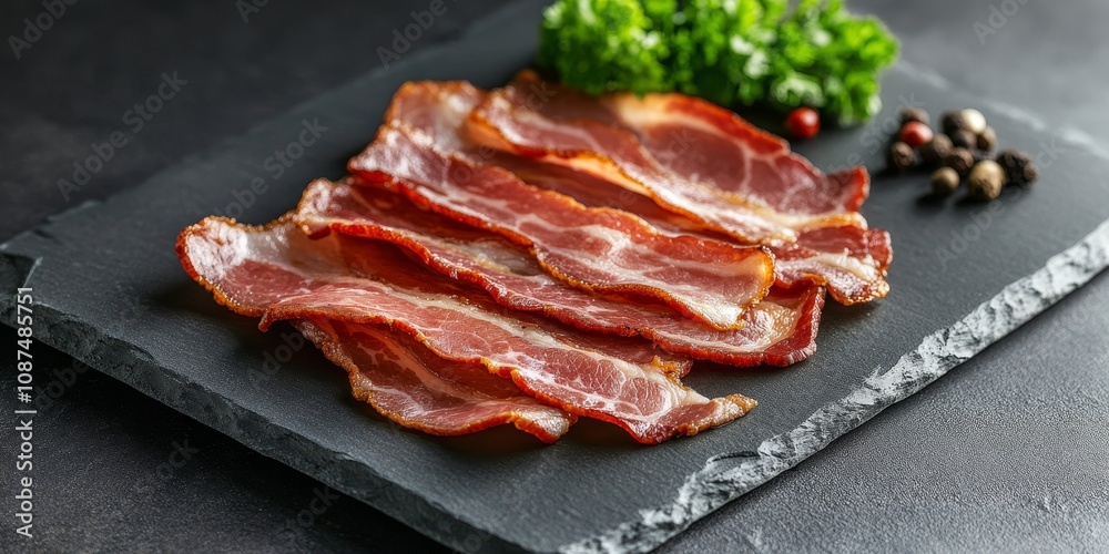 Smoked bacon slices beautifully displayed on a neutral grey background, highlighting the rich textures and enticing colors of the smoked bacon. Perfect for food related themes featuring smoked bacon.