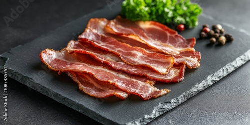 Obraz na płótnie Smoked bacon slices beautifully displayed on a neutral grey background, highlighting the rich textures and enticing colors of the smoked bacon. Perfect for food related themes featuring smoked bacon. w salonie