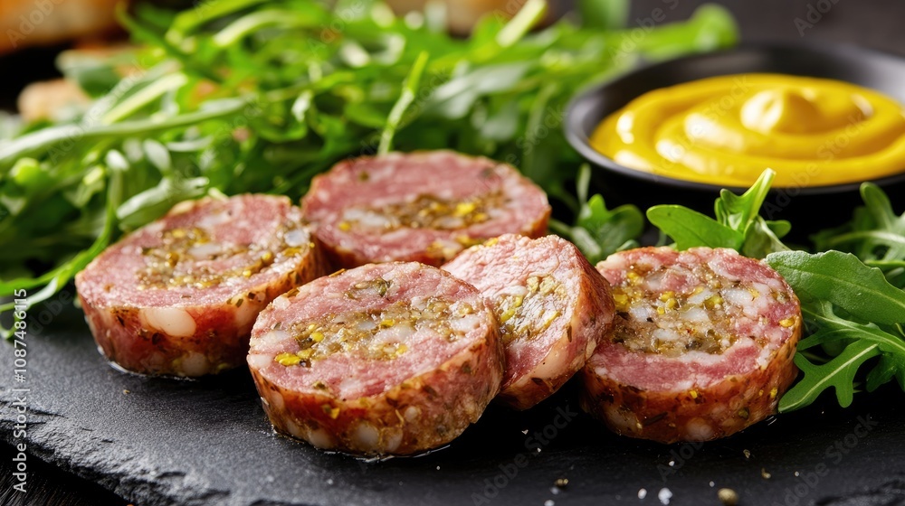 Savory Meat Rolls with Mustard and Green Garnish Savory Meat Rolls with Mustard and Green Garnish