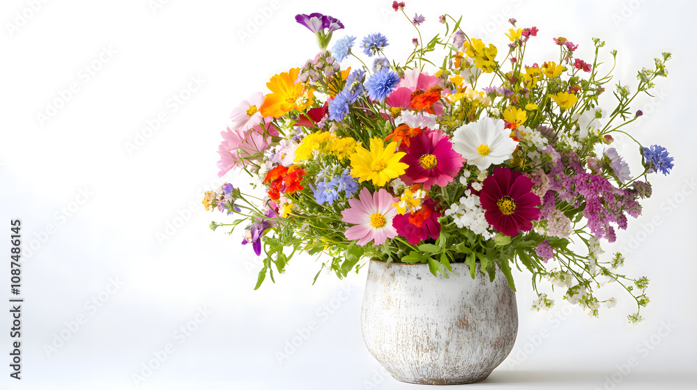 Vibrant wildflower bouquet in rustic vase with diverse blossoms on white background Vibrant wildflower bouquet in rustic vase with diverse blossoms on white background