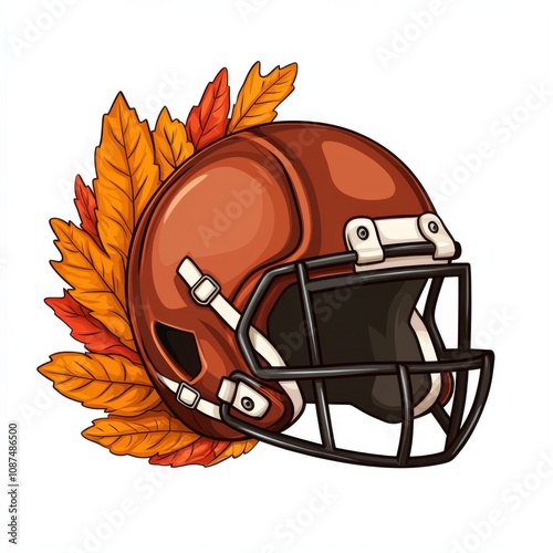 Thanksgiving American football Football helmet with autumn leaves decoration. photo