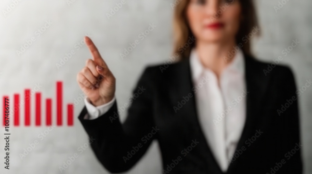 Businesswoman Pointing at Growing Graph in Modern Office Environment, Emphasizing Success and Professionalism in Work and Investment Strategy Businesswoman Pointing at Growing Graph in Modern Office Environment, Emphasizing Success and Professionalism in Work and Investment Strategy