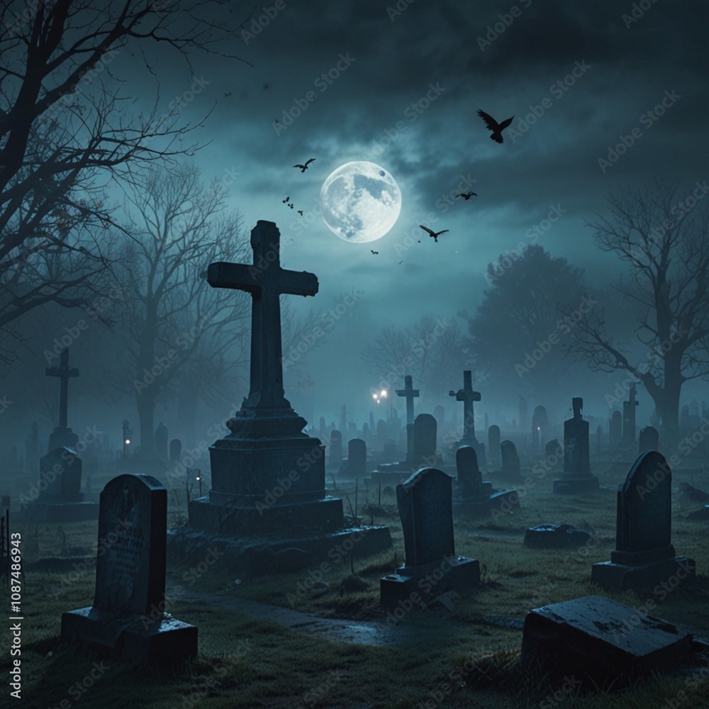 Spiritual Cemetery at Night: Silhouettes of Crosses and Tombstones Under a Blue Moonlit Sky – A Sacred Graveyard Scene with Religious Symbols, Faith, and the Dark Atmosphere of Halloween