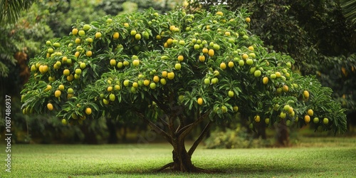 Belimbing tree thriving in a garden setting, showcasing the lush greenery and vibrant fruits of the belimbing tree, ideal for tropical landscape photography featuring the belimbing tree. photo