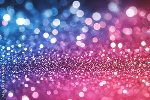 Abstract pink and blue color glitter background with blurred bokeh. Luxury backdrop template for new year, christmas, party or holiday cards with space for text.