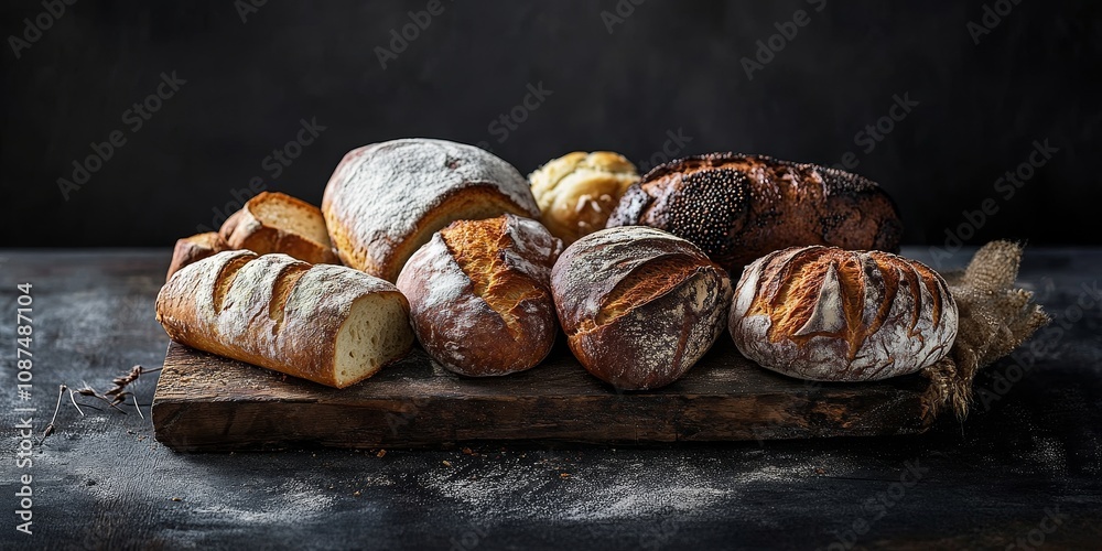 Delicious fresh bread displayed from an elevated perspective against a dark background, showcasing the tempting textures and colors of delicious fresh bread for food lovers and culinary enthusiasts. Delicious fresh bread displayed from an elevated perspective against a dark background, showcasing the tempting textures and colors of delicious fresh bread for food lovers and culinary enthusiasts.