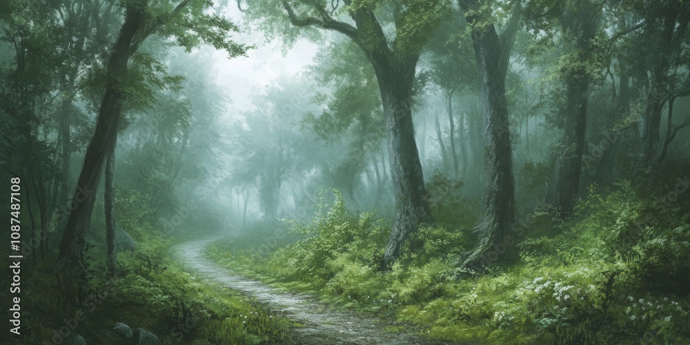 Misty spring forest featuring a serene path invites exploration. Experience the charm of the misty spring forest as you wander along the winding path through lush greenery. Misty spring forest featuring a serene path invites exploration. Experience the charm of the misty spring forest as you wander along the winding path through lush greenery.