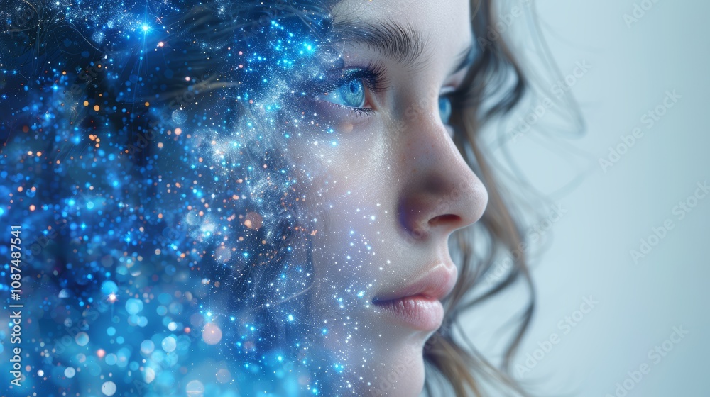 Ethereal Double Exposure Portrait of a Woman with Cosmic Galaxy Elements and Sparkling Stars Ethereal Double Exposure Portrait of a Woman with Cosmic Galaxy Elements and Sparkling Stars