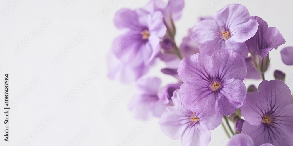 Obraz premium Blooming violet saintpaulia on a clean white backdrop, showcasing the vibrant beauty of violet saintpaulia flowers in full blossom against a light, airy background, perfect for nature themed projects.