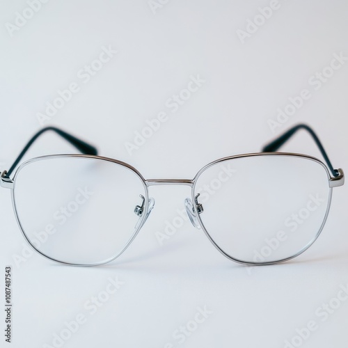 A pair of stylish, clear lens eyeglasses on a plain background.