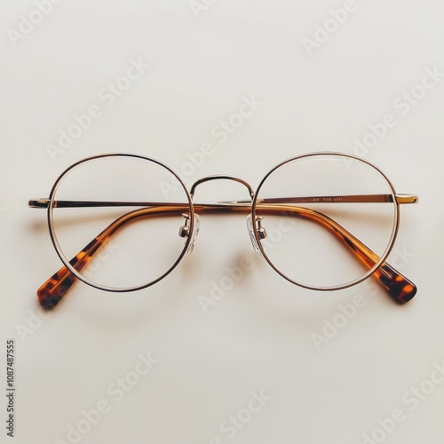 A pair of round, tortoiseshell glasses laid flat on a light background.