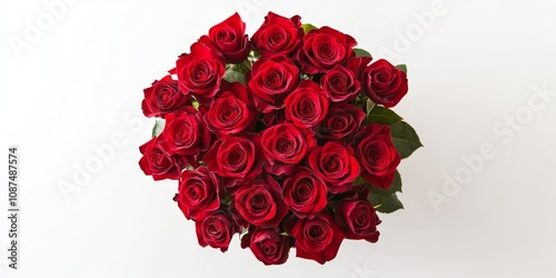 Red roses bouquet viewed from above, showcasing the beauty and elegance of red roses. The isolated arrangement on white highlights the vibrant colors of red roses beautifully. photo