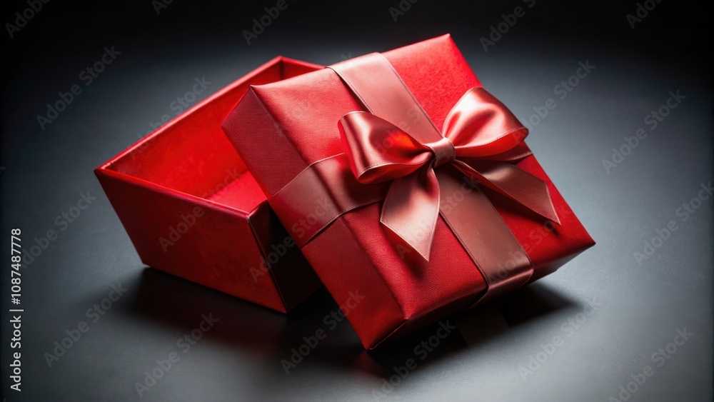 A red gift box with a large satin bow, slightly ajar, revealing its empty interior, suggestive of anticipation or a secret waiting to be discovered. A red gift box with a large satin bow, slightly ajar, revealing its empty interior, suggestive of anticipation or a secret waiting to be discovered.