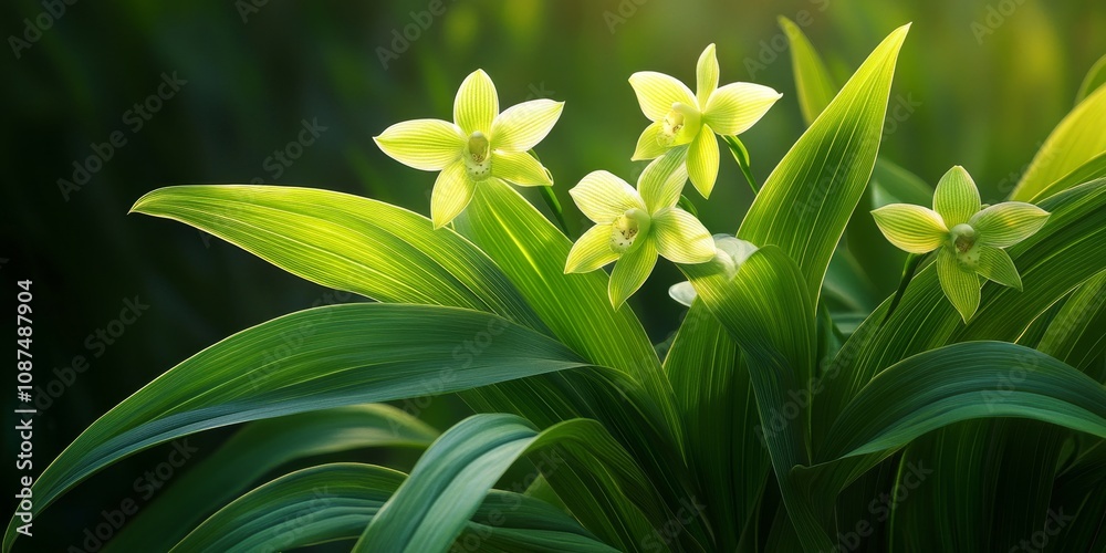 Obraz premium The vibrant green leaves of the orchid flower are large and wide, beautifully illuminated by the morning light, showcasing the stunning green hues that enhance the orchid s appeal.