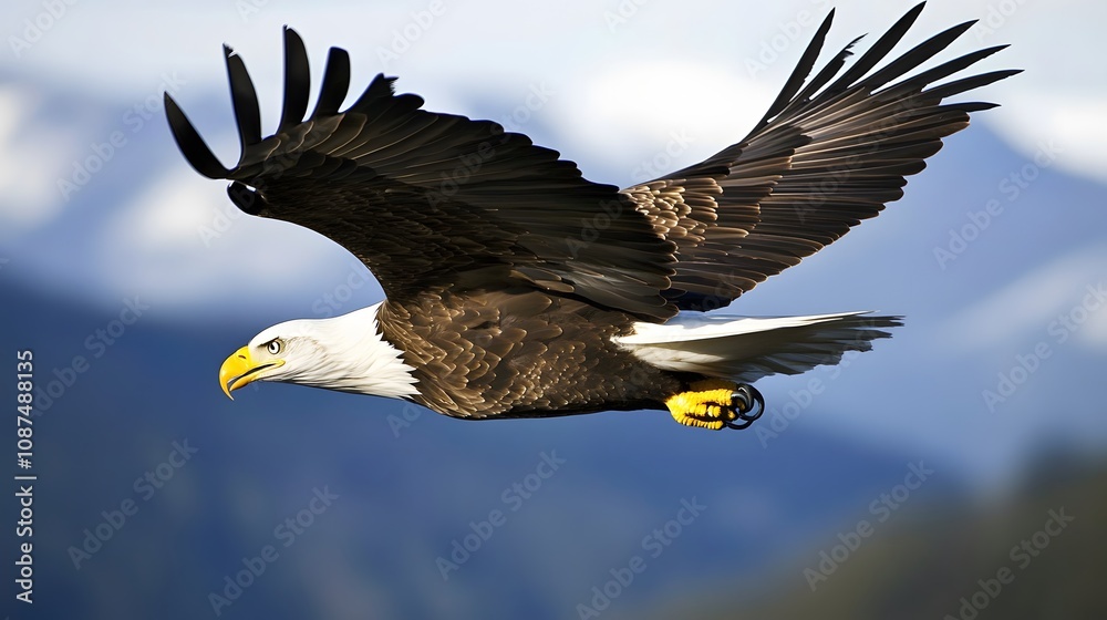 Fototapeta premium Majestic bald eagle in flight against a blurred mountain backdrop.